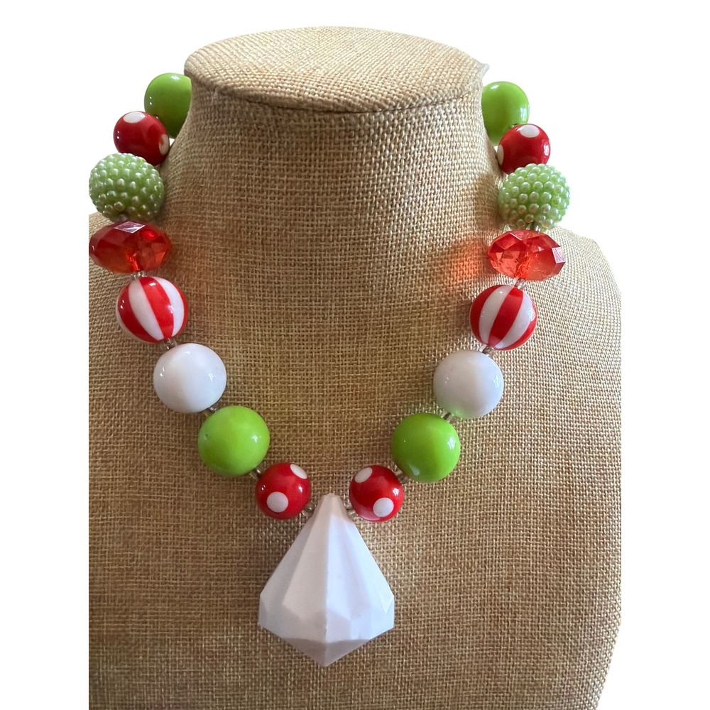 Christmas Chunky Bubblegum Bead Necklace Red Green White Polka Dot Striped